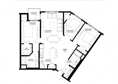 Floor plan for 3 beds, 2 baths, 1329 sqft